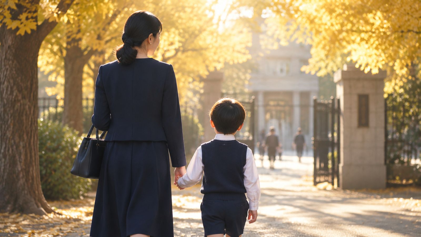 銀杏並木の先の校門へ、手をつないで歩く母と子の後ろ姿